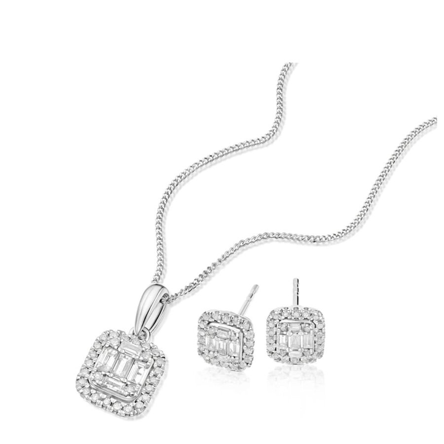 9ct White Gold & 0.50ct Diamond Emerald Shaped Halo Earrings & Necklace Set
