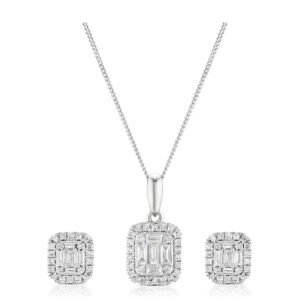 9ct White Gold & 0.50ct Diamond Emerald Shaped Halo Earrings & Necklace Set
